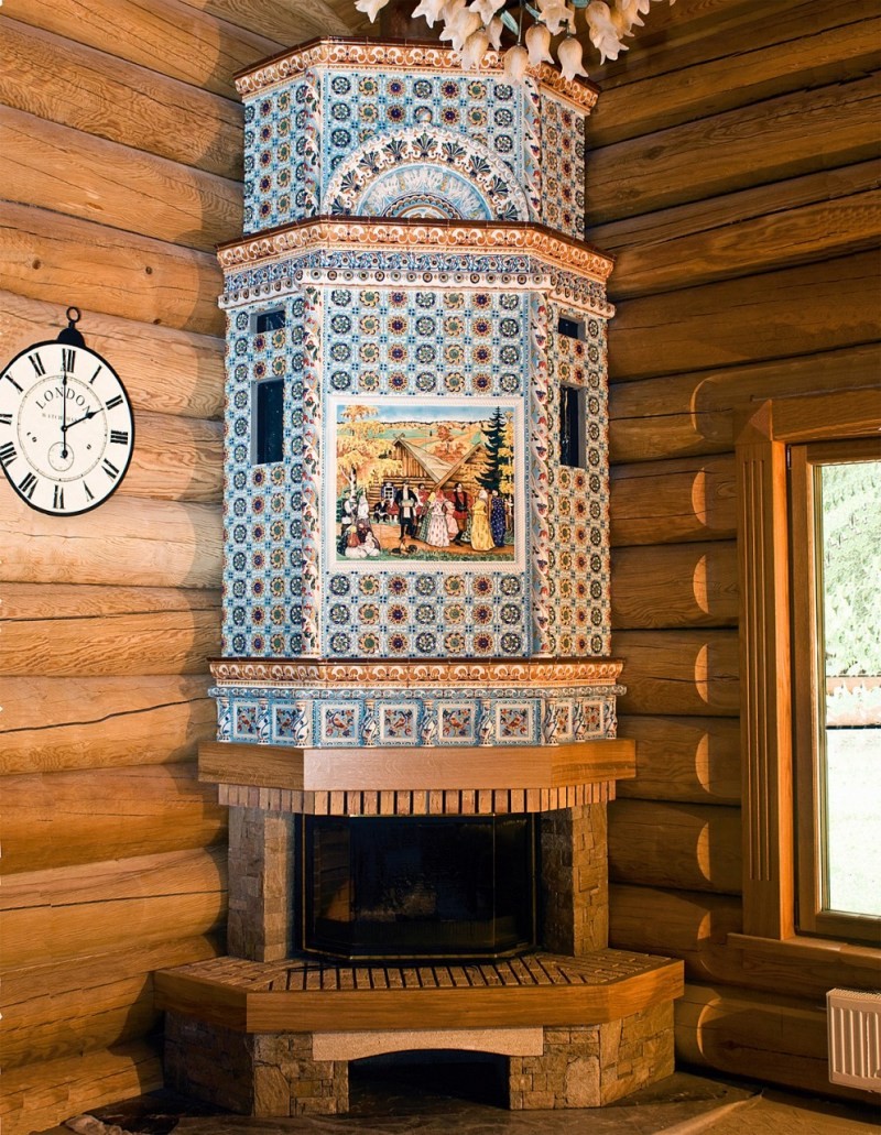 Печь камин в интерьере деревянного дома фото